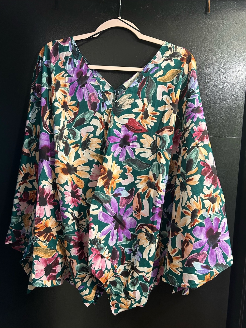 Umgee Teal Floral V-Neck Bell Sleeve blouse with Purple, Cream & Gold Accents